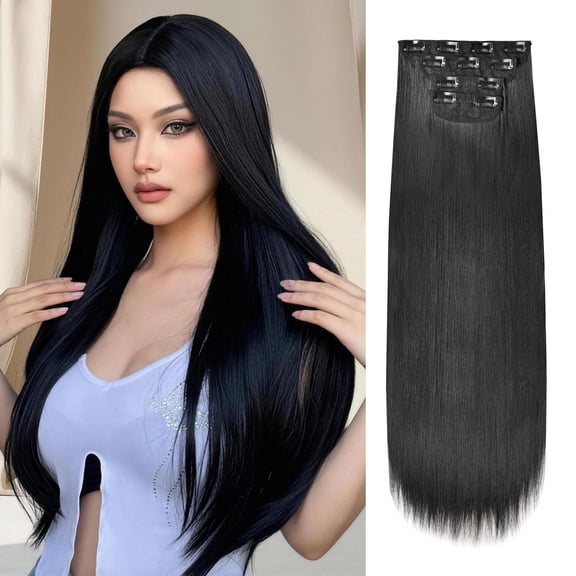 Phocas Long Straight Clip in Hair Extensions for Women Black Synthetic Thick Hairpieces（23in,4pcs）