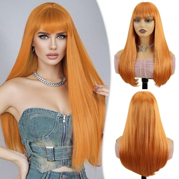 Phocas Long Hair Orange Wigs for Women，Glueless Synthetic Wig with Bangs for Party