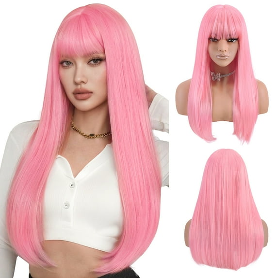 Phocas Long Straight Pink Wig with Bangs
