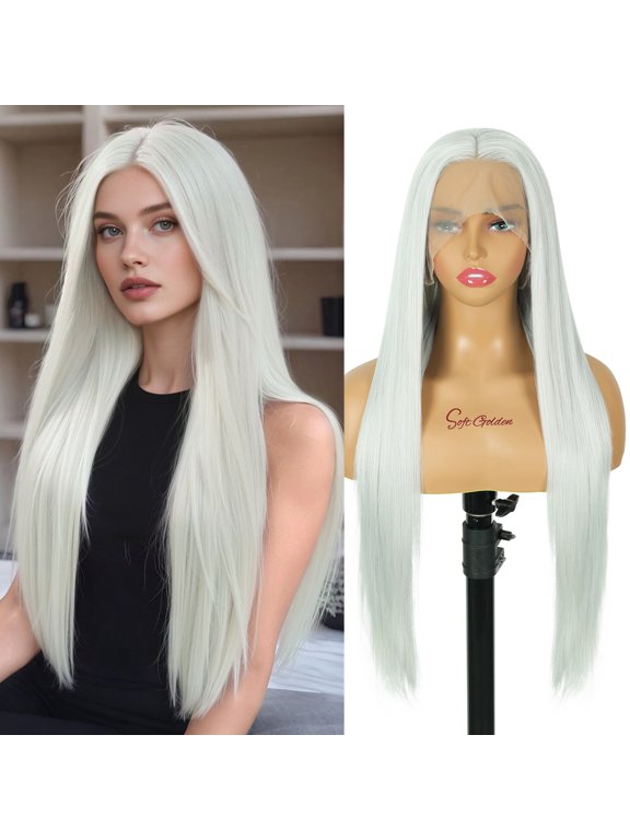 28 Inch Straight Lace Front Wig 13x3 Synthetic Glueless Wig for Women Pre Plucked Natural Hairline Heat Resistant Silky Smooth Light Grey Daily Wear