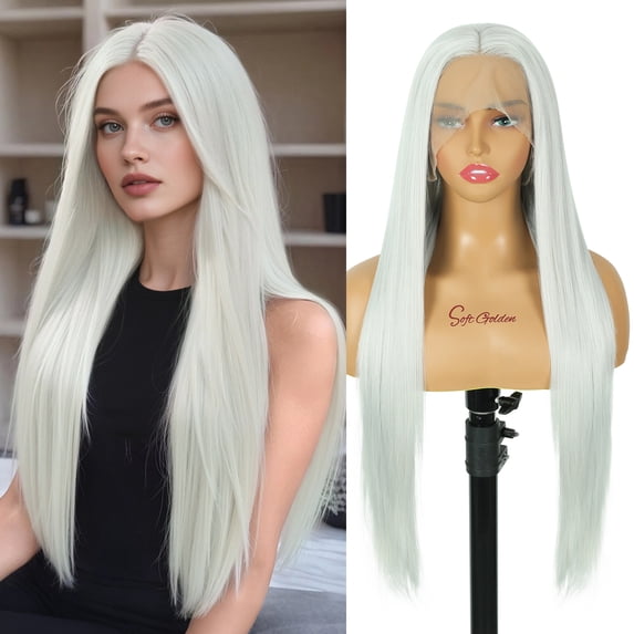 PHOCAS 28 Inch Straight Lace Front Wig 13x3 Synthetic Glueless Wig for Women Pre Plucked Natural Hairline Heat Resistant Silky Smooth Light Grey Daily Wear