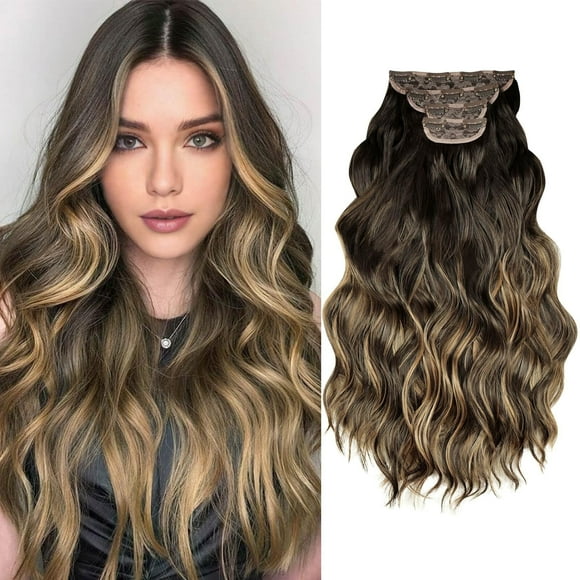 Phocas Long Wavy Curly Clip in Hair Extensions for Women Golden Brown Synthetic Thick Hairpieces（23in,4pcs）