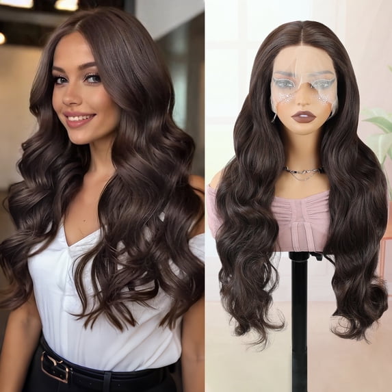 Phocas 13*3 Dark Brown Synthetic Lace Front Wig, Hd Lace Wigs for Women,Long Wavy Wear and Go Glueless False Hair 26inch
