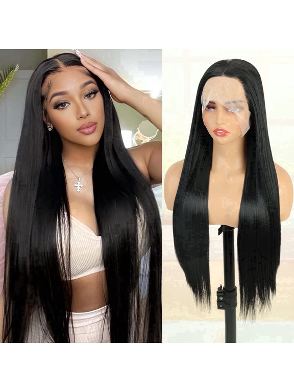 13*3 Black Synthetic Lace Front Wig,Long Black Natural Straight Wig, Pre-Plucked Lace Glueless Wigs for Woman, 30inch