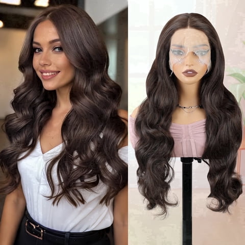 Phocas 13*3 Dark Brown Synthetic Lace Front Wig, Hd Lace Wigs for Women,Long Wavy Wear and Go Glueless False Hair 26inch