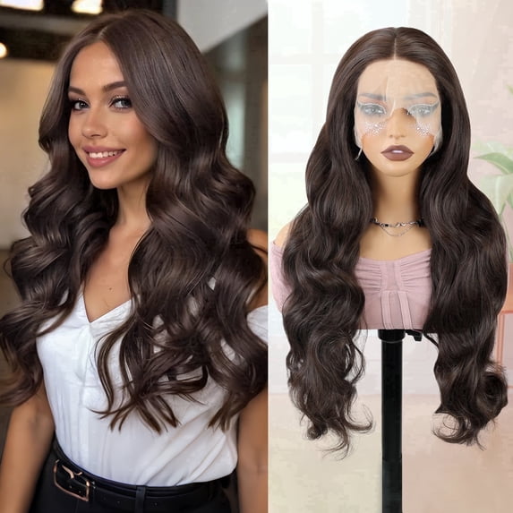 Phocas 13*3 Dark Brown Synthetic Lace Front Wig, Hd Lace Wigs for Women,Long Wavy Wear and Go Glueless False Hair 26inch