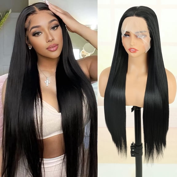 Phocas 13*3 Black Synthetic Lace Front Wig,Long Black Natural Straight Wig, Pre-Plucked Lace Glueless Wigs for Woman, 30inch