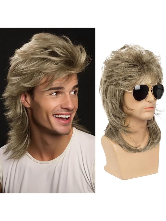 Mens Wig with Flax Blonde for Men Mullet Wigs with Bangs 70s 80s Male Wig