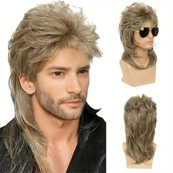 Phocas Mens Wig with Brown for Men Mullet Wigs with Bangs 70s 80s Male Wig
