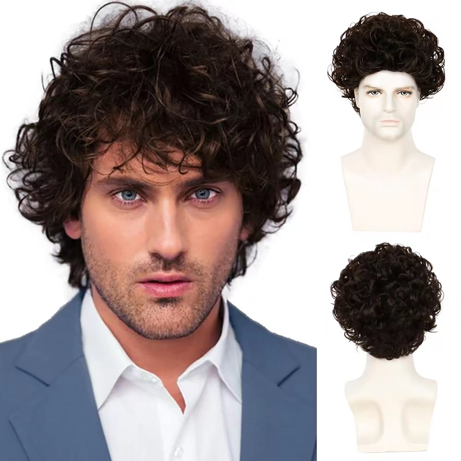 Phocas Mens Wig Short Brown Wigs for Men 70s 80s Short Curly Wig for  Cosplay Disco Rocker 