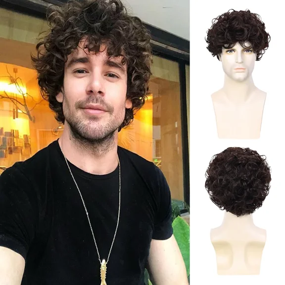 Phocas Mens Wig Short Curly Wig，Synthetic Black Wig for Daily Use