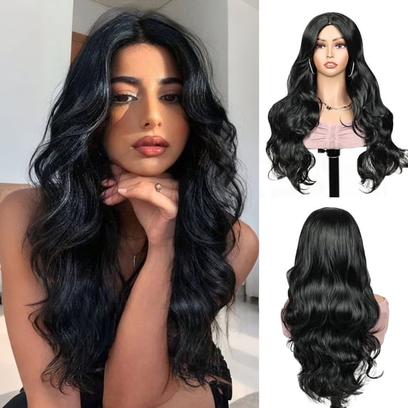 Phocas Natural Hair Wig no Bangs 24inch Long Black Wigs for Women Natural Body Wave Wig