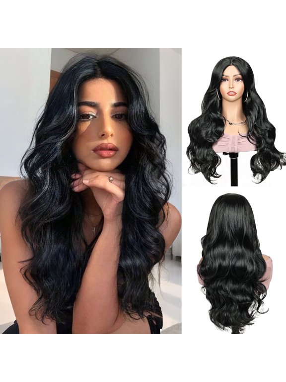 Natural Hair Wig no Bangs 24inch Long Black Wigs for Women Natural Body Wave Wig