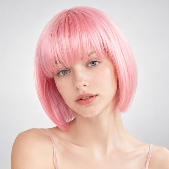 Phocas Pink Bob Wig for Women, Short Pink Bob Wigs With Bangs Straight Heat Resistant Fiber Hair for Daily Party Use 10Inch