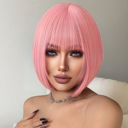 Phocas Pink Bob Wig for Women， Short Pink Bob Wigs With Bangs Straight Heat Resistant Fiber Hair for Daily Party Use 10Inch