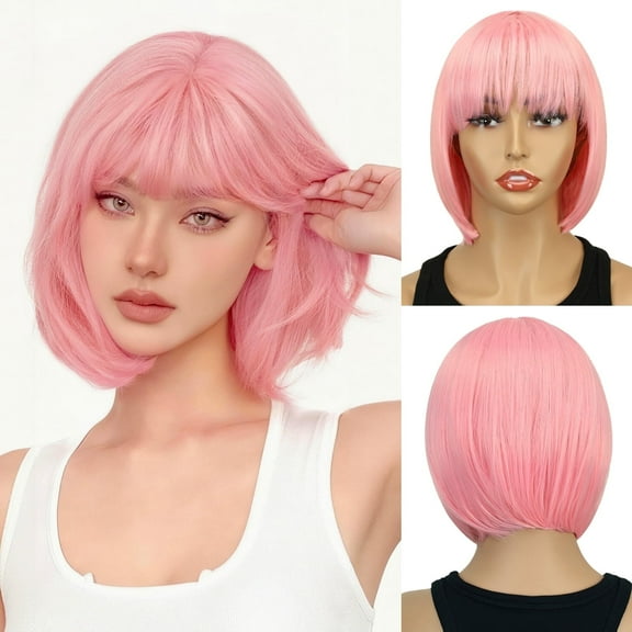 Phocas Pink Bob Wig for Women Short Pink Bob Wigs with Bangs Straight Heat Resistant Fiber Hair for Daily Party Use 10Inch