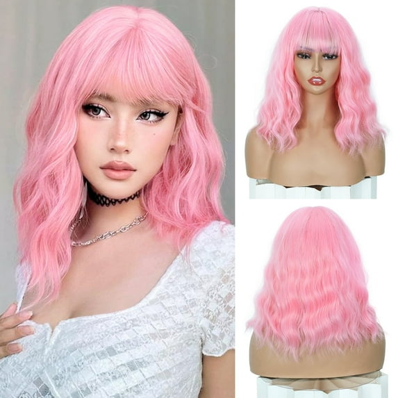 Phocas Short Bob Wigs for Women Wavy Wig Synthetic Pink Wig with Bangs