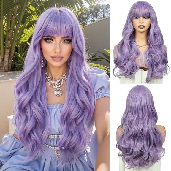Phocas Purple Wig for Women 22 Inch Long Wavy Synthetic Wig with Bangs for Halloween Cosplay Party Daily Use