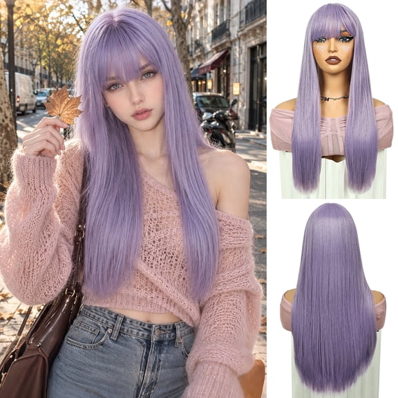 Phocas Purple Straight Wig for Women 22 Inch Long Synthetic Hair with Bangs for Halloween Cosplay Party