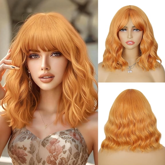 Phocas Short Bob Wigs for Women Wavy Wig Synthetic Orange Wig with Bangs