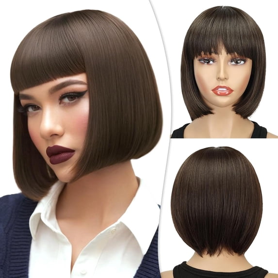 【Natural Look】PHOCAS Short Brown Bob Wig with Bangs, Heat Resistant Synthetic Straight Wig for Women, 10 Inch Beginner Friendly Daily Wear, Great Gift for Mom