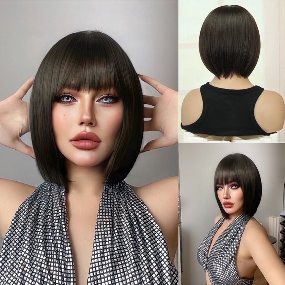 【Natural Look】PHOCAS Short Brown Bob Wig with Bangs, Heat Resistant Synthetic Straight Wig for Women, 10 Inch Beginner Friendly Daily Wear, Great Gift for Mom