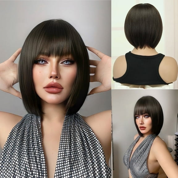 Phocas Short Brown Bob Wig for Women, Brown Bob Wig with Bangs Short Straight Natural Hair 10inch