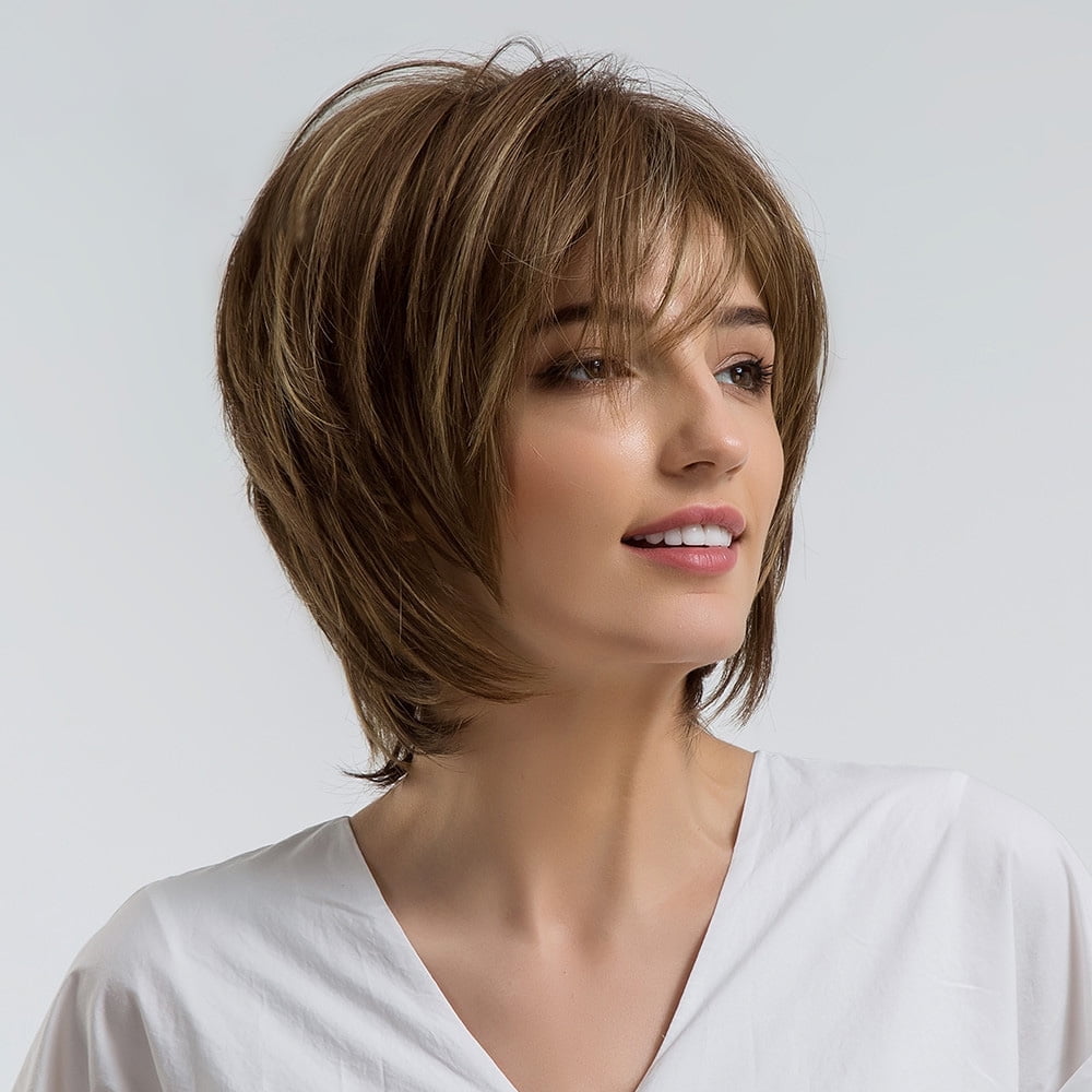 Phocas Short Brown Wigs for Women Highlight Blonde Pixie Cut Wig with Bangs Wefted Wig Caps