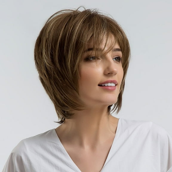 Phocas Short Brown Wigs for Women Highlight Blonde Pixie Cut Wig with Bangs Wefted Wig Caps