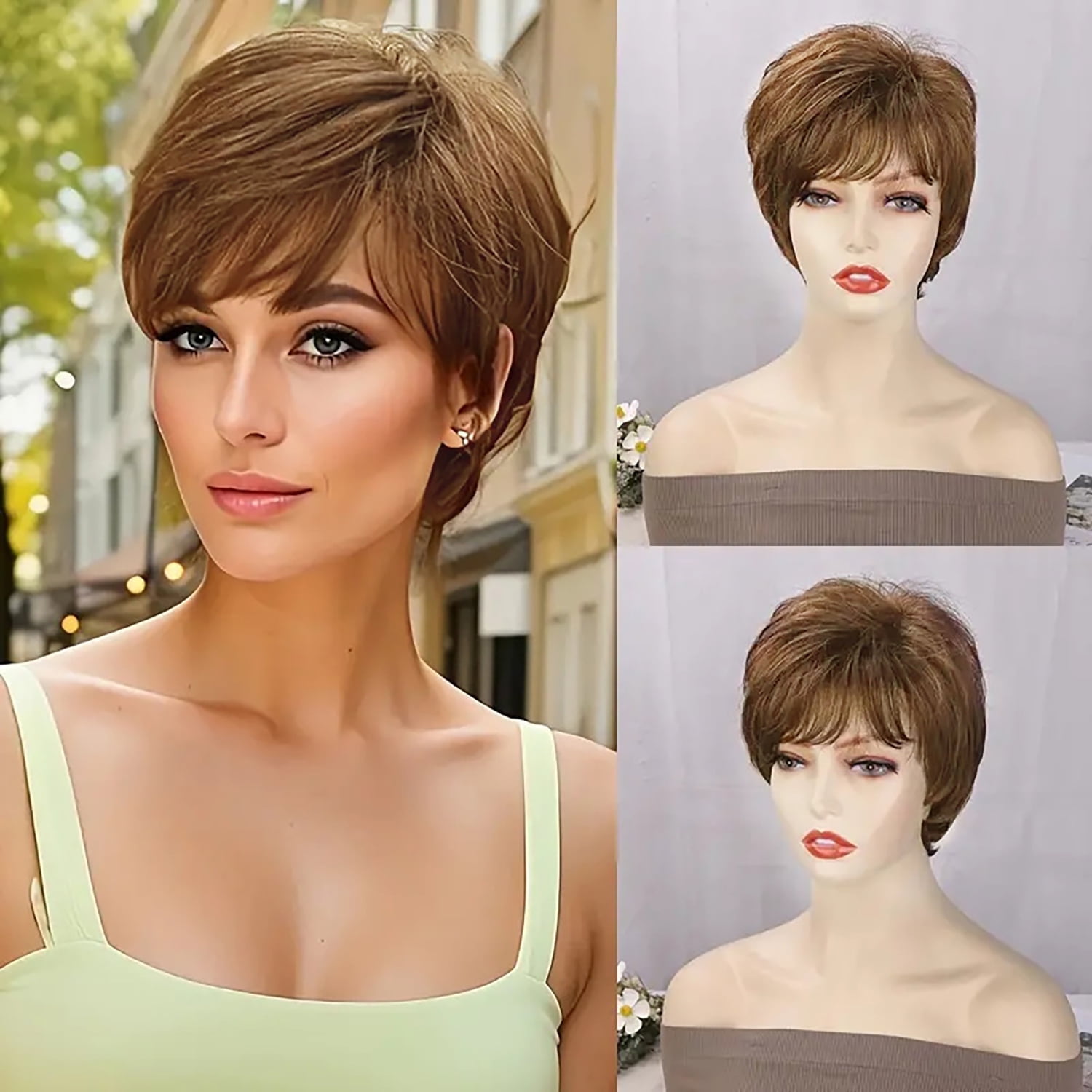 Phocas Short Brown Wigs for Women Synthetic Light Brown Pixie Cut Wig Wefted Wig Caps