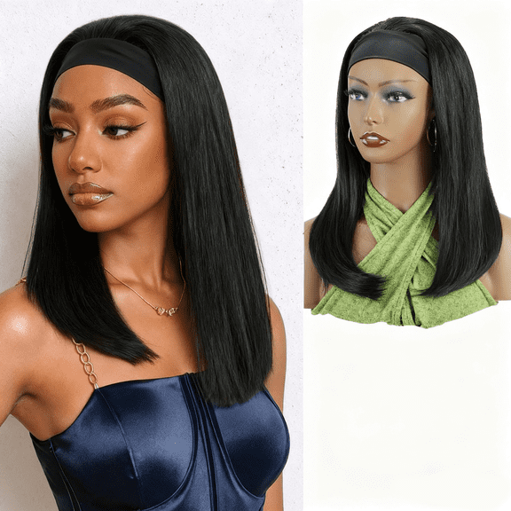 Phocas Black Headband Wig for Women Straight Long Wigs None Lace Front Glueless Cap for Daily Party Use 18Inch