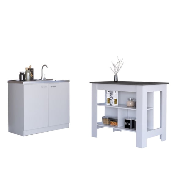 Phoenix 2 Piece Kitchen Set, Cala Kitchen Island + Napoles Utility Sink, White /Onyx