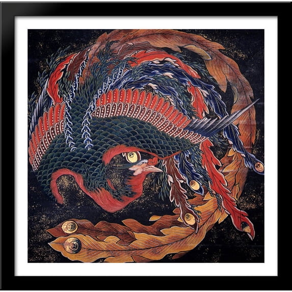 Phoenix 28x28 Large Black Wood Framed Print Art by Katsushika Hokusai