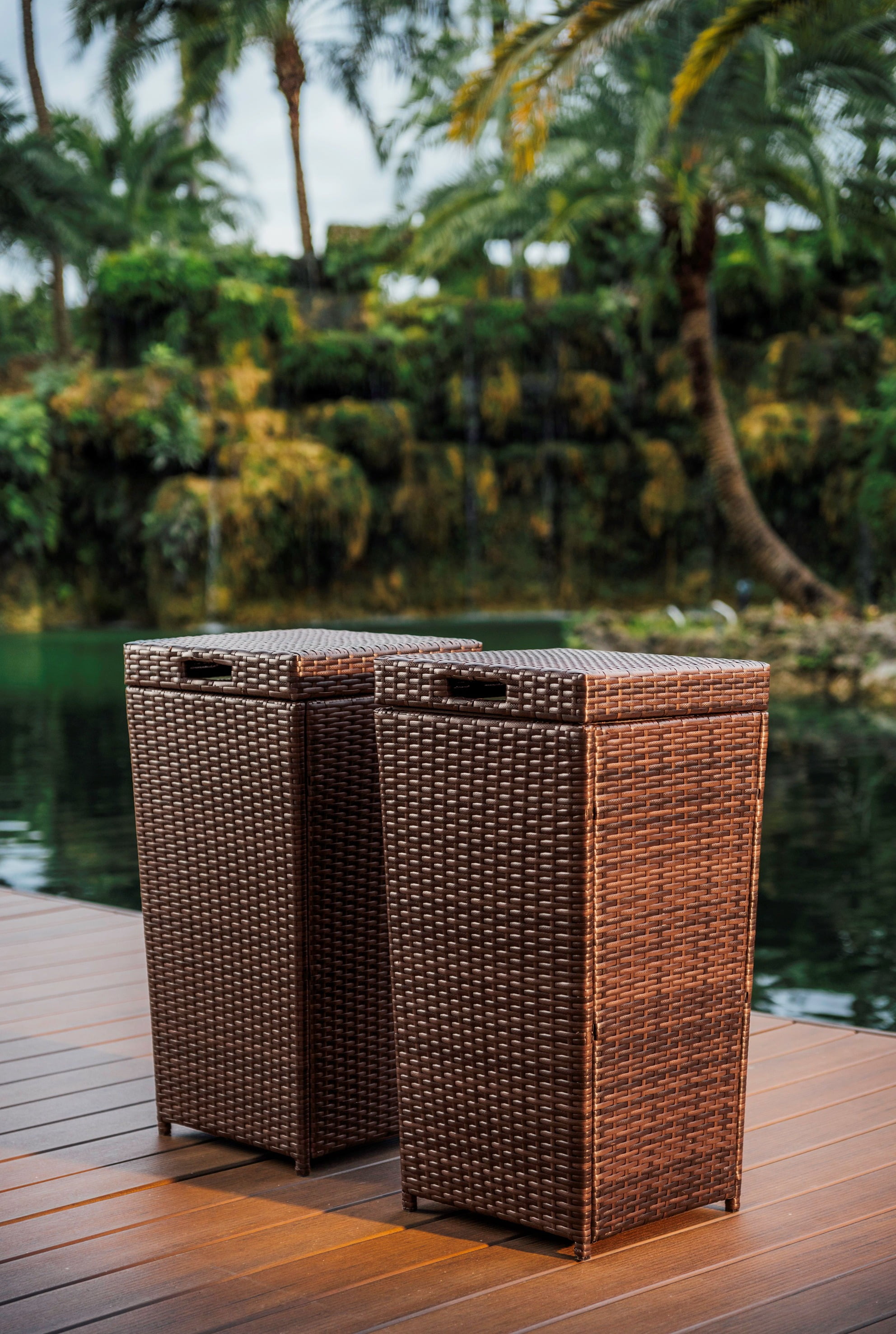 Phoenix 35 Gallon Outdoor Trash Can with Lid, Hideaway Wicker Rattan Garbage Can, Black