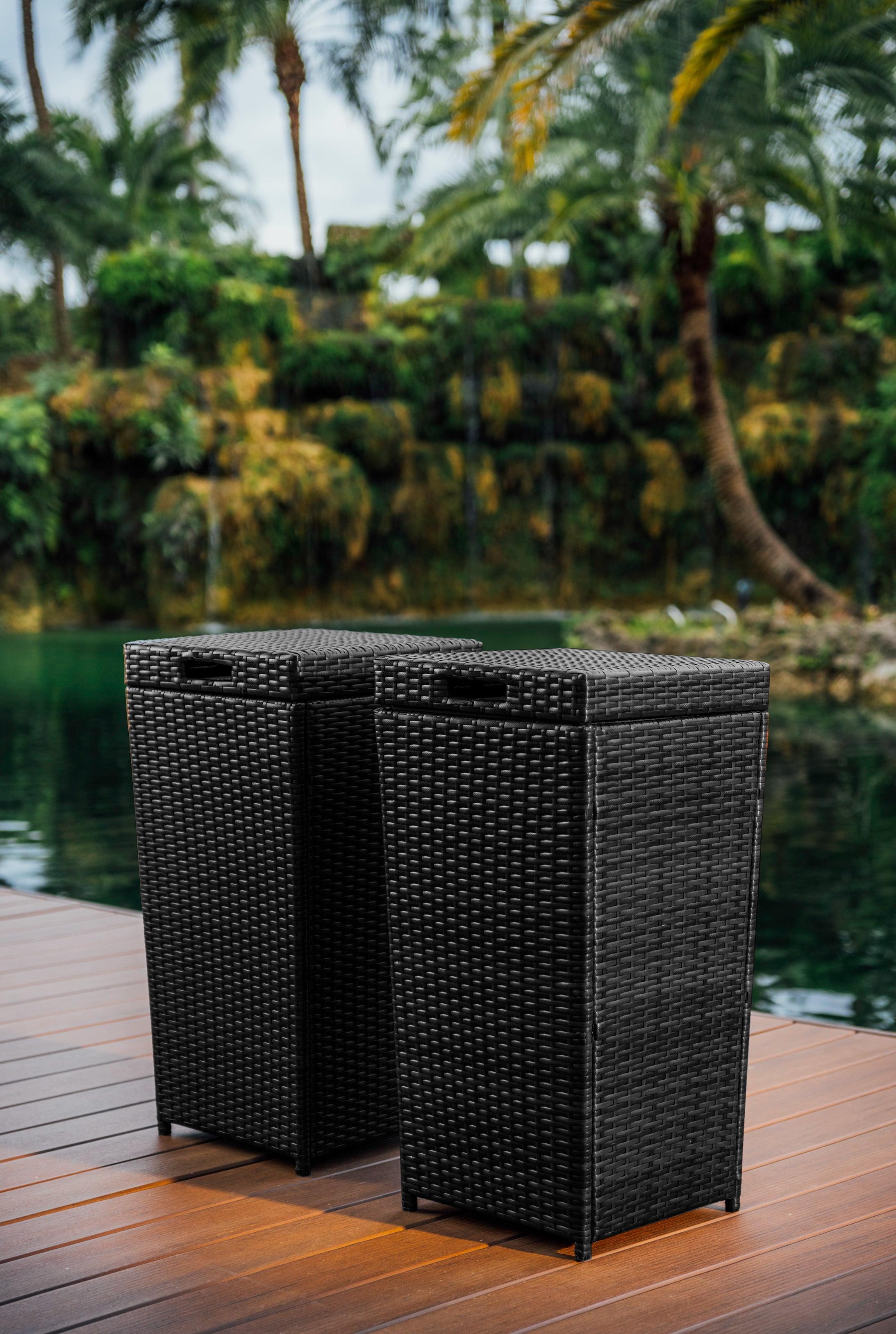 Phoenix 35 Gallon Outdoor Trash Can with Lid, Hideaway Wicker Rattan Garbage Can, Black