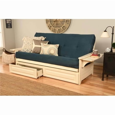 Phoenix Antique White Futon Frame with Suede Navy Mattress & Storage Drawers - Full Size