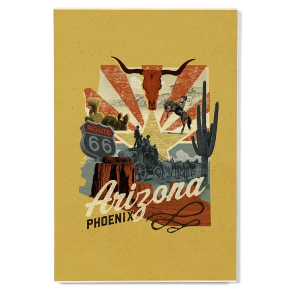 Phoenix, Arizona, Photomontage, State Series Birch Wood Wall Sign (12x18 Rustic Home Decor, Ready to Hang Art)