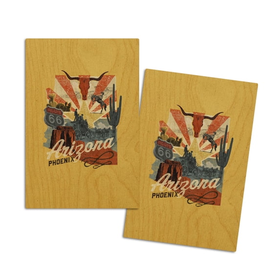 Phoenix, Arizona, Photomontage, State Series, Contour (4x6 Birch Wood Postcards, 2-Pack Stationary, Rustic Home Wall Decor)