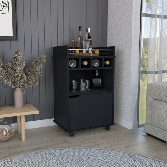 Phoenix Bar Cart With 2 Open Shelves 4 Cubbies And Cabinet