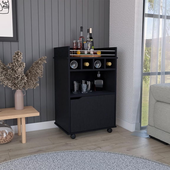 Phoenix Bar Cart with 2 Open Shelves 4 Wine Cubbies and Cabinet Black