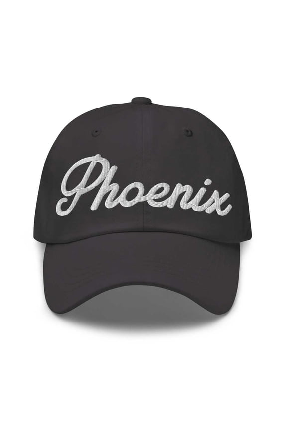 Phoenix Baseball Cap Phoenix Dad Hat Bold Script Arizona AZ Hat Embroidered Souvenir Gift Dark Grey