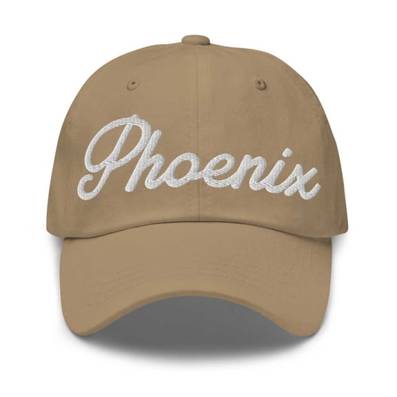 Phoenix Baseball Cap Phoenix Dad Hat Bold Script Arizona AZ Hat Embroidered Souvenir Gift Khaki