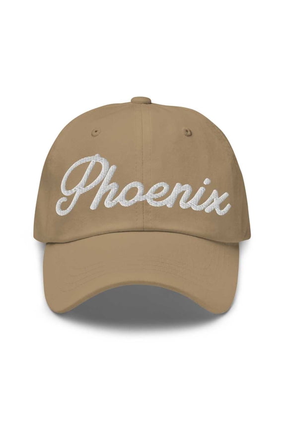 Phoenix Baseball Cap Phoenix Dad Hat Bold Script Arizona AZ Hat Embroidered Souvenir Gift Khaki