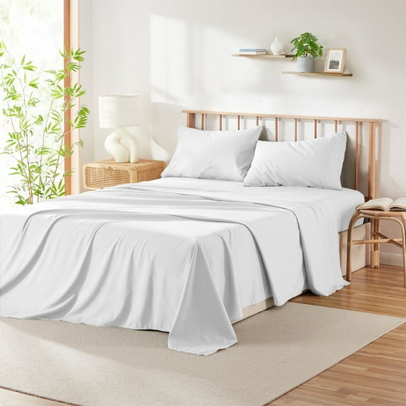 Phoenix Bed Sheets Set, Deep Pocket Rayon Derived from Bamboo & Microfiber Cooling 4 Piece Twin Sheets sets, White