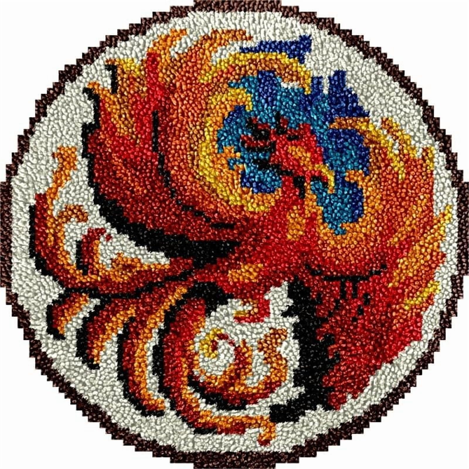 Phoenix Bird Round Shape Latch Hook Rug Kits Set for Starter Crochet Hook Cushion Mat Sofa Seat Cushion Crocheting Kits with Preprinted Canvas Crochet Yarn Kits 50X50cm (ui141)