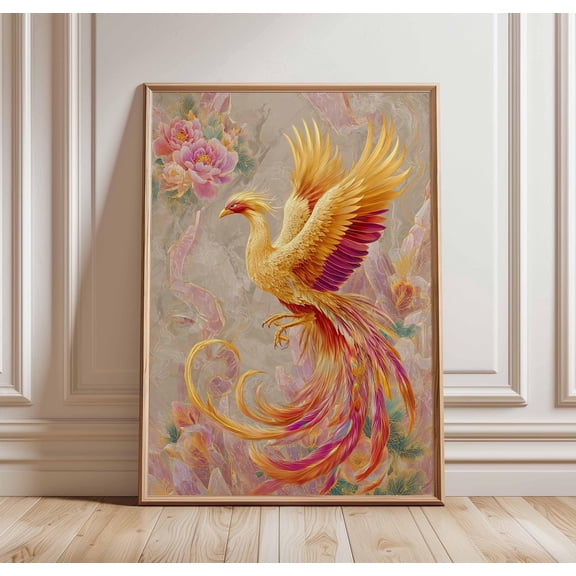 Phoenix Bird Wall Art, Mystical Fire Bird Poster, Chinese Mythology Print, Vibrant Fantasy Decor, Rising Phoenix Illustration