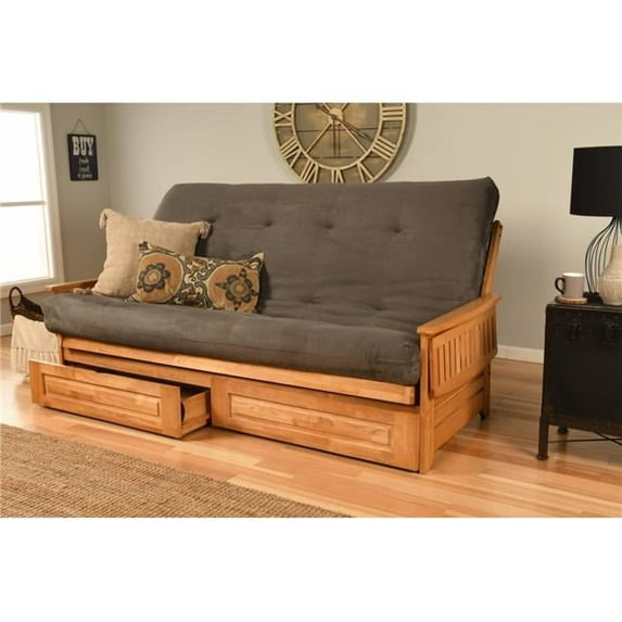 Phoenix Butternut Futon Frame with Suede Gray Mattress & Storage Drawers - Queen Size