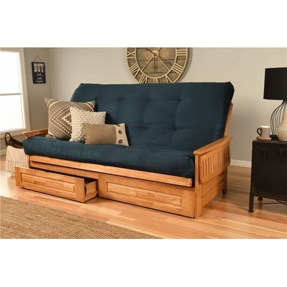 Phoenix Butternut Futon Frame with Suede Navy Mattress & Storage Drawers - Queen Size