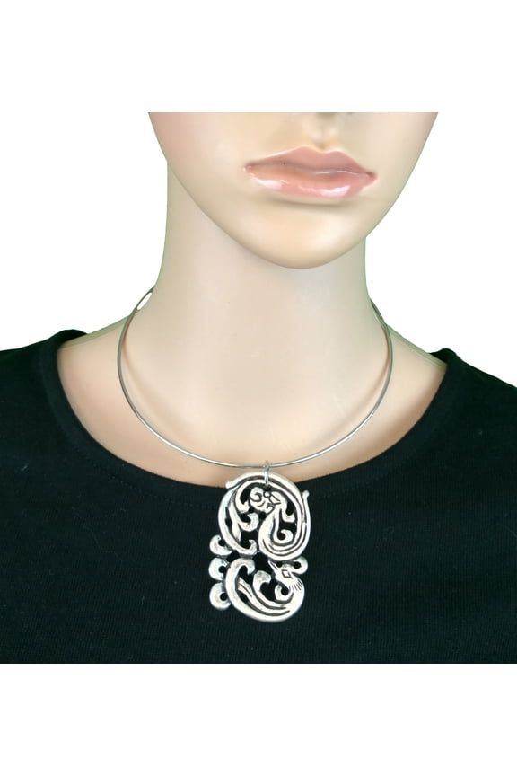 Phoenix Dragon Antiqued Silver Tone Pendant Bangle Choker Necklace Ladies Adult Female Women