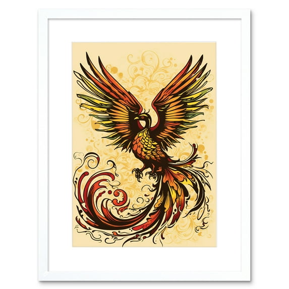 Phoenix Emerging from Flames Tattoo Ink Body Art Rockabilly Americana 50s Artwork Framed Wall Art Print 9X7 Inch
